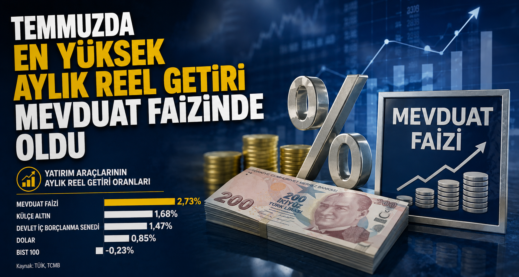 Temmuzda en yüksek aylık reel getiri mevduat faizinde oldu