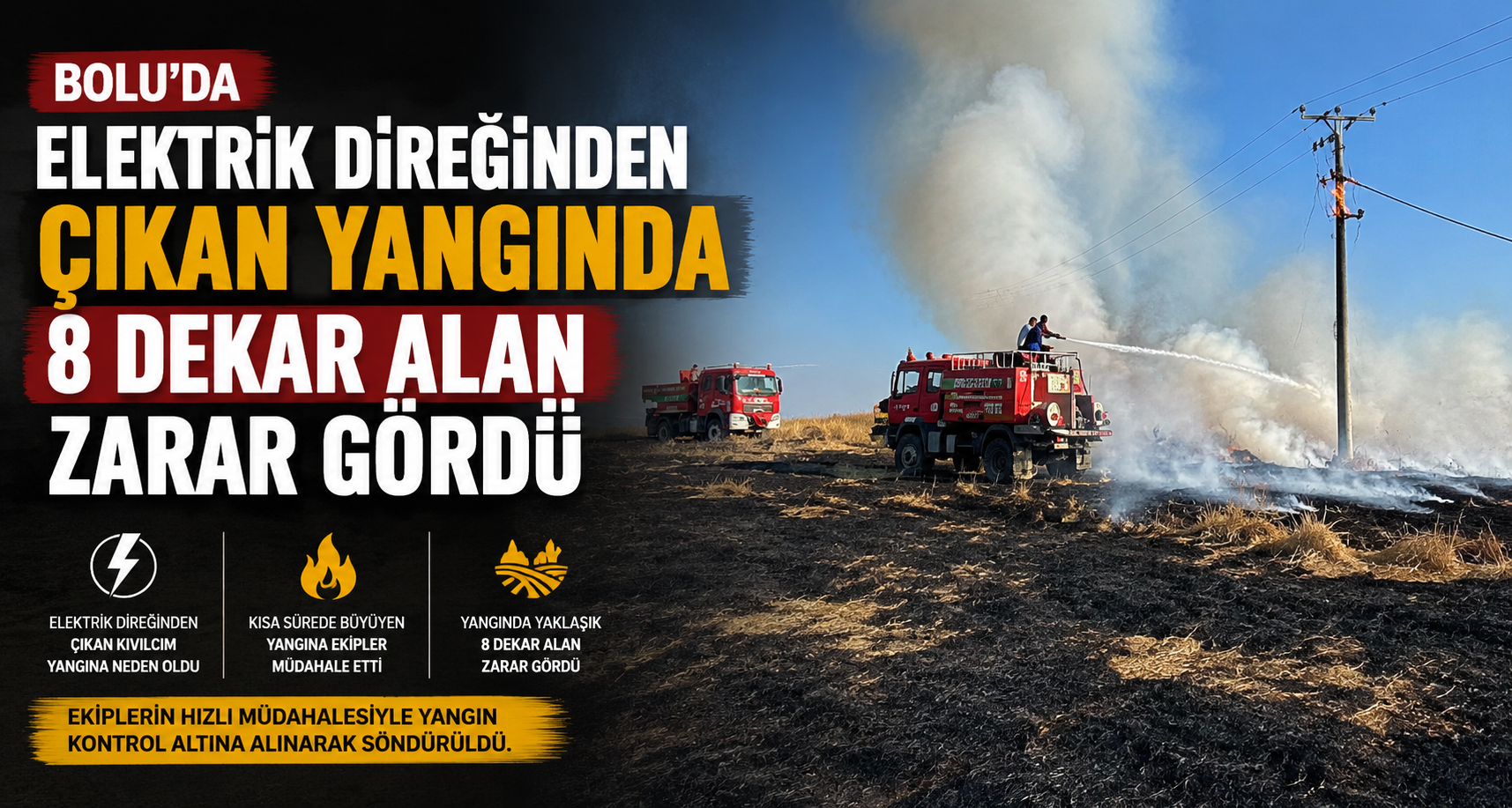 Bolu’da elektrik direğinden çıkan yangında 8 dekar alan zarar gördü