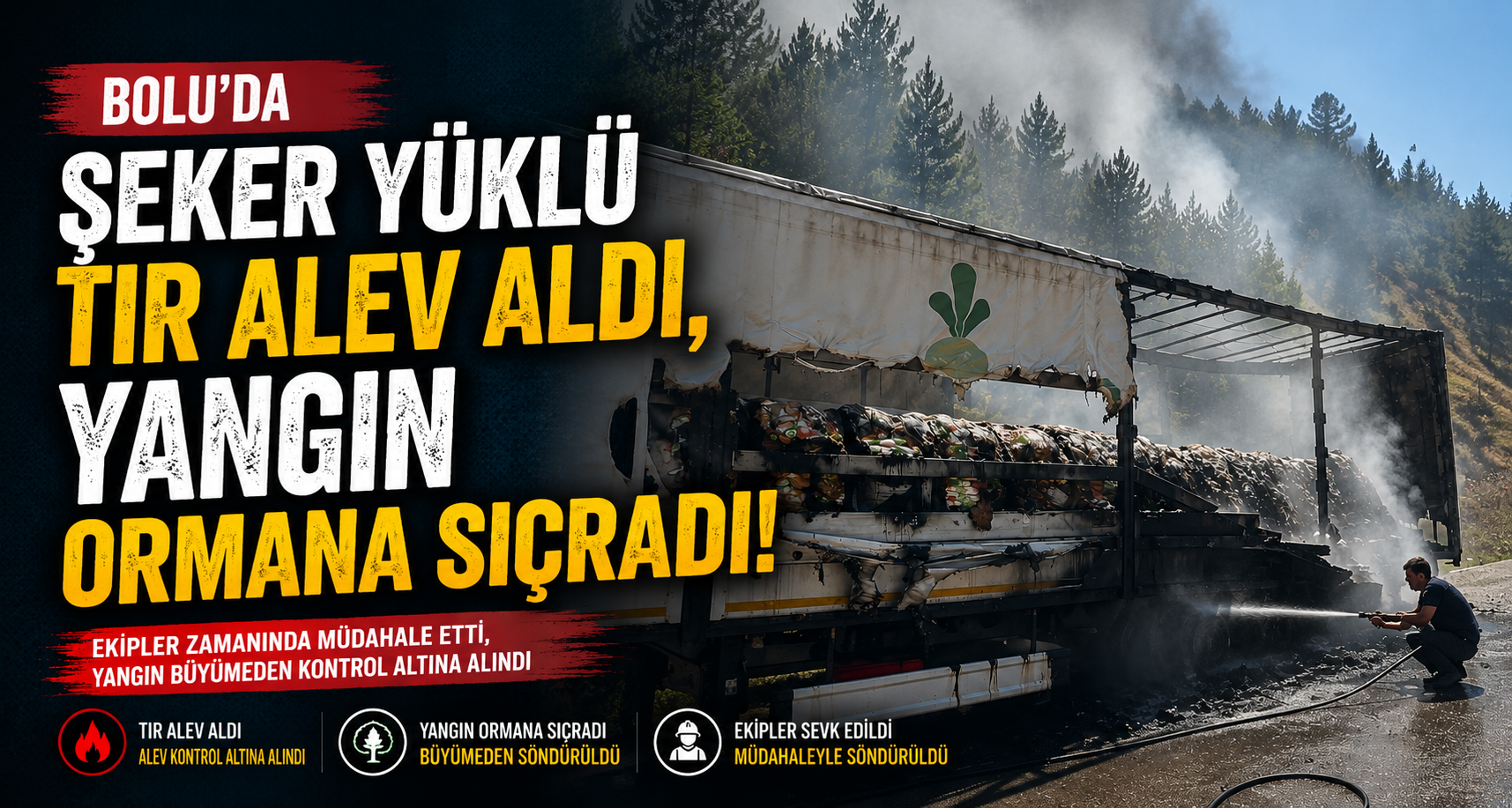 Bolu’da şeker yüklü tır alev aldı, yangın ormana sıçradı