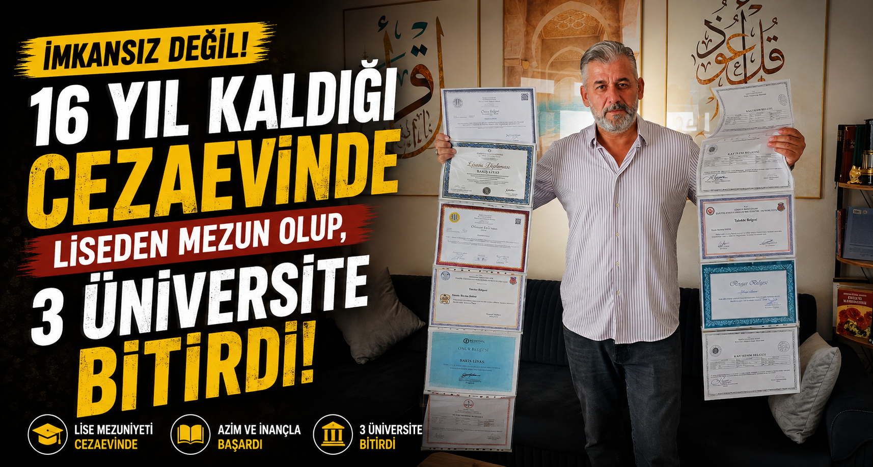 16 yıl kaldığı cezaevinde liseden mezun olup, 3 üniversite bitirdi