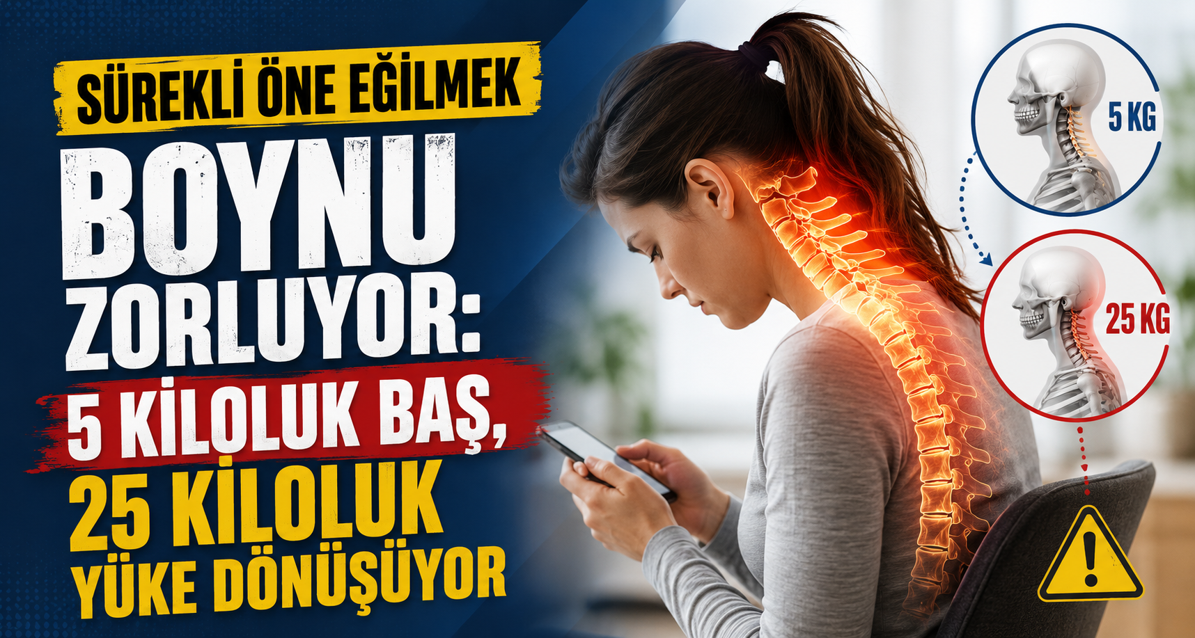Sürekli öne eğilmek boynu zorluyor: 5 kiloluk baş, 25 kiloluk yüke dönüşüyor