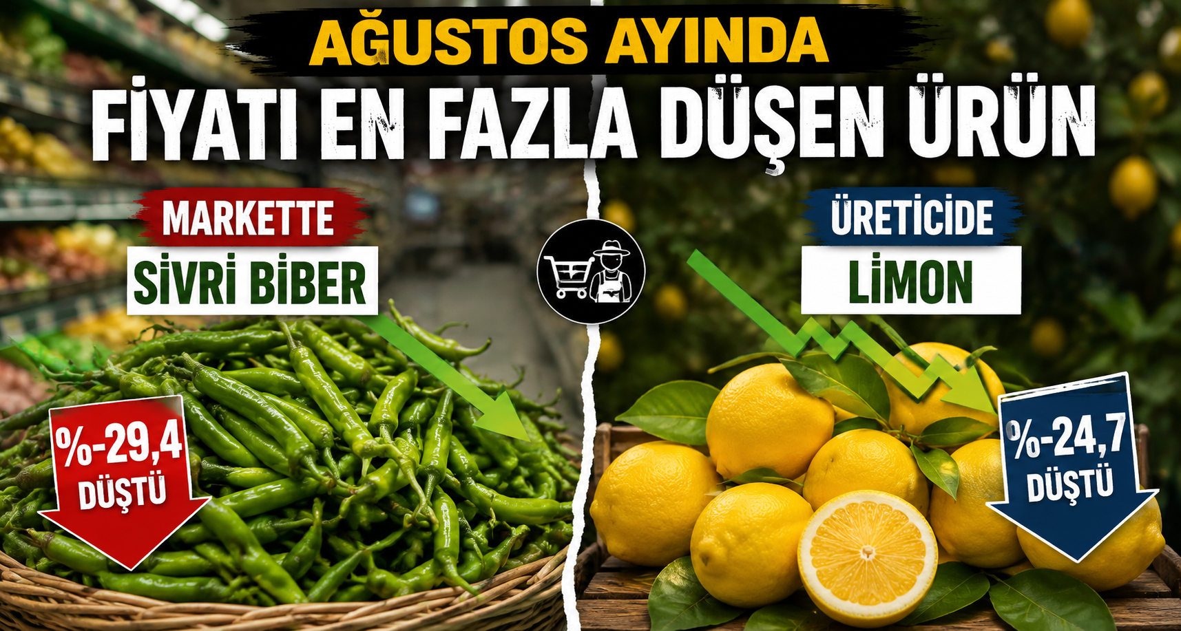 Ağustos ayında fiyatı en fazla düşen ürün markette sivri biber, üreticide limon