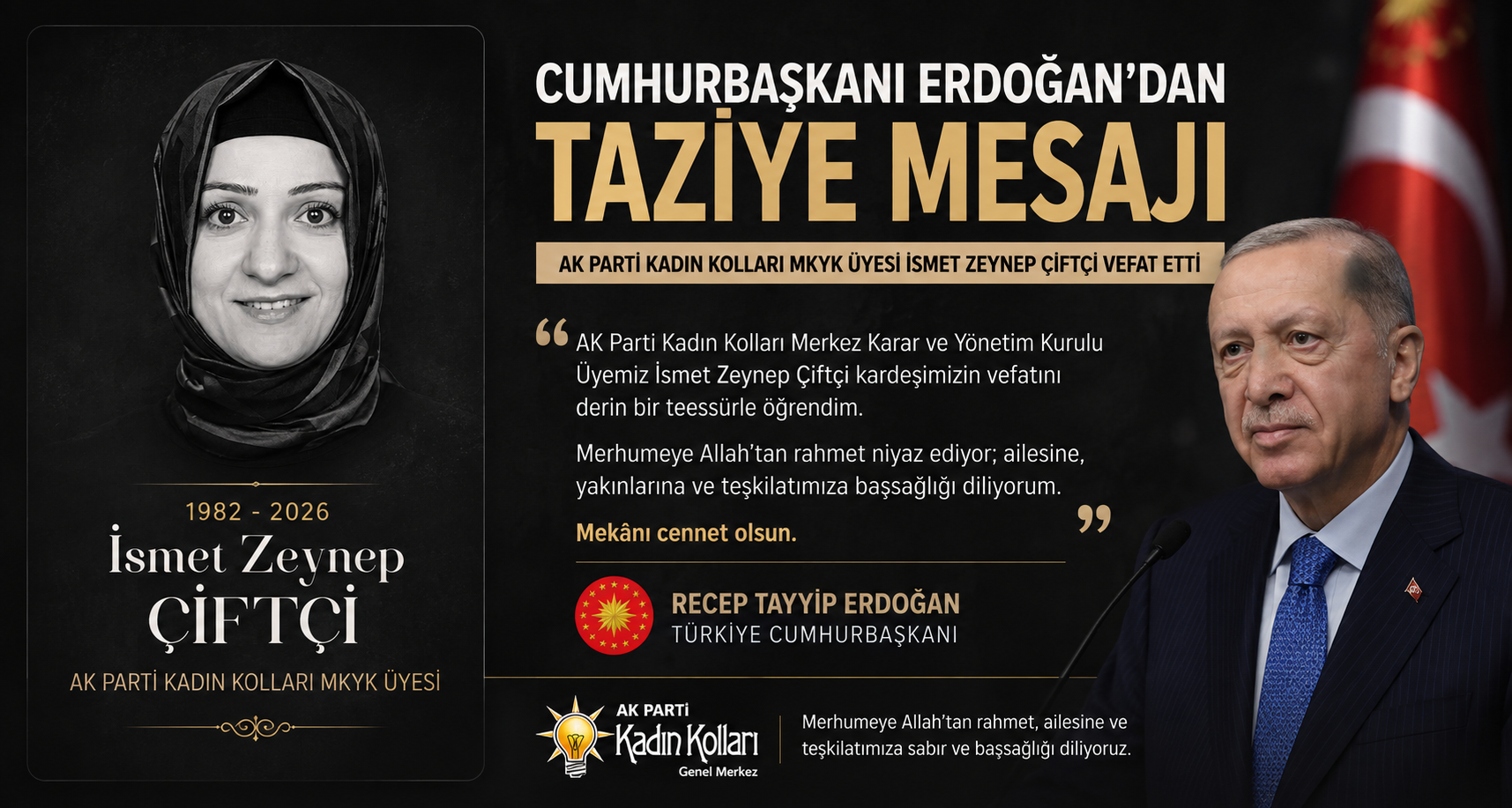 Cumhurbaşkanı Erdoğan’dan vefat eden AK Parti Kadın Kolları MKYK Üyesi Çiftçi için taziye mesajı